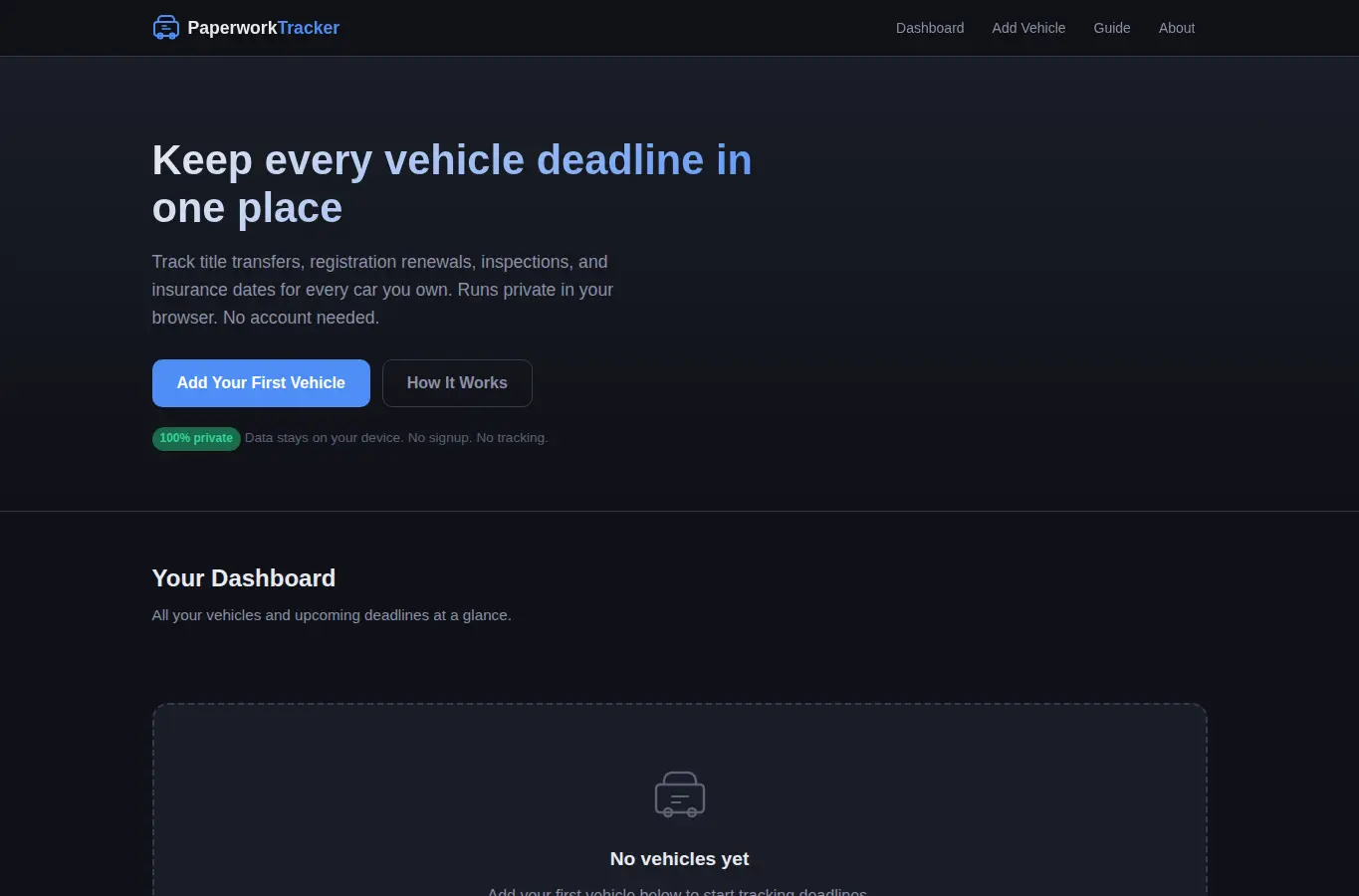 Screenshot of Car Title & Registration Paperwork Tracker interface showing the project page in use
